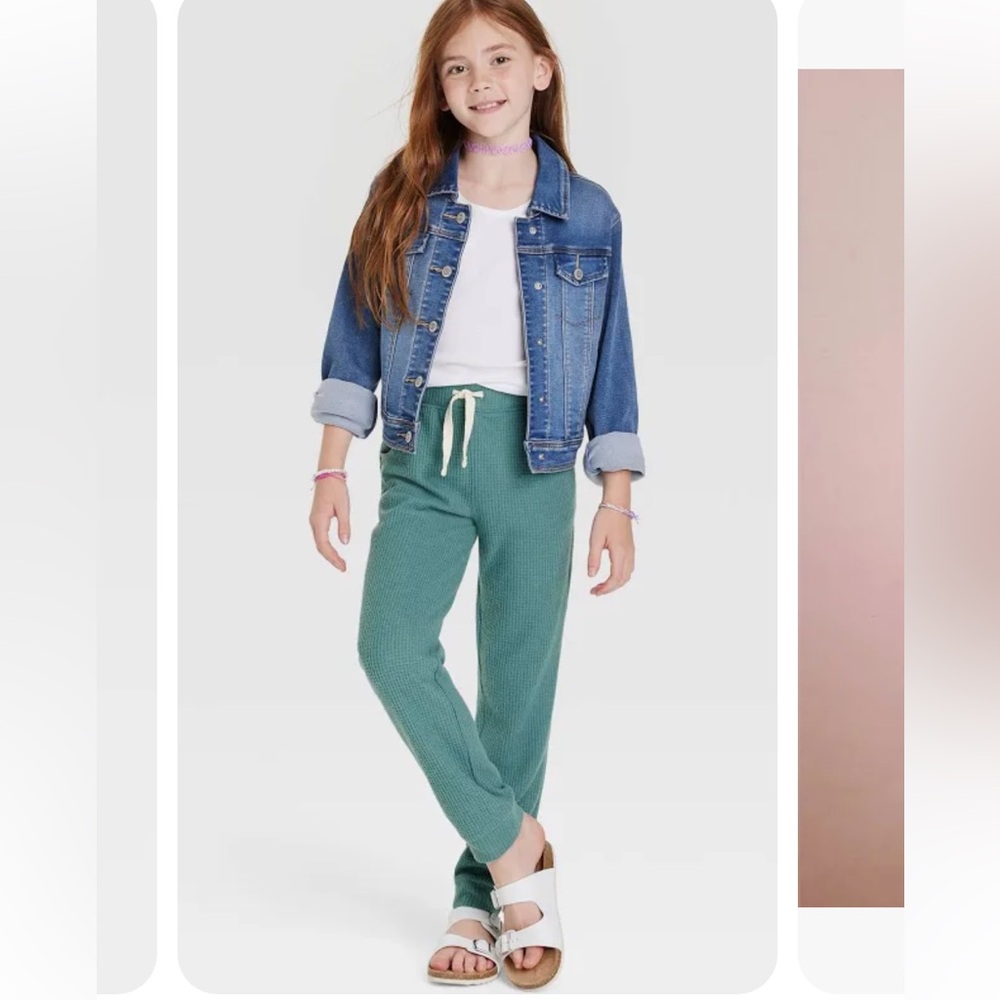 Cat & Jack Girls Dusty Green Waffle Knit Drawstring Joggers Pockets XL (14/16)